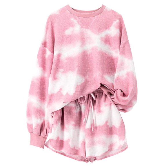 URBAN DAIZY Women's Tie Dye Print 2 Piece Set Long Sleeve Tops and Elastic Waist Shorts Casual Lounge Pajama Outfit Pink 1XL