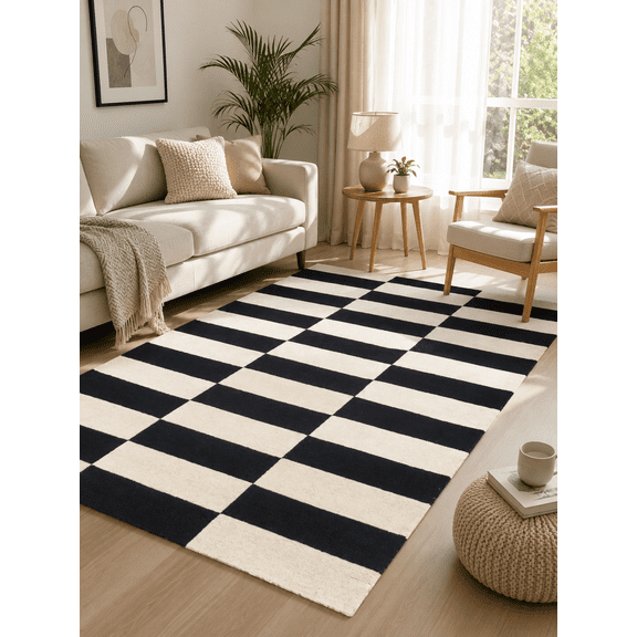 URBANCRAFT RUGS Black and Ivory Hand Tufted Wool Area Rug, Modern Geometric Striped Handmade Carpet for Living Room, Bedroom, Dining Room, Contemporary Decorative Floor Rug