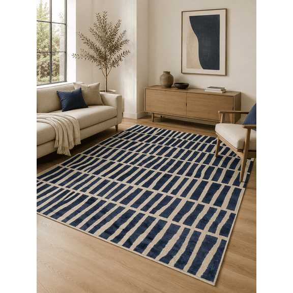 URBANCRAFT RUGS Blue Ivory Hand Tufted Wool Area Rug Modern Stripe Indoor Carpet (10x14 ft)