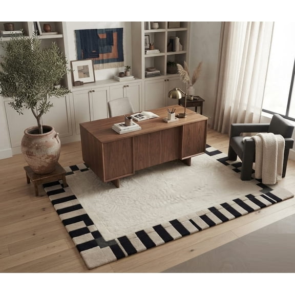 URBANCRAFT RUGS Hand Tufted Wool Area Rug, Ivory Black Modern Checkered Border Indoor Living Room Rug (9x10 ft)