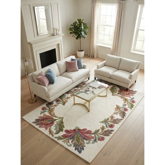 URBANCRAFT RUGS Hand Tufted Wool Area Rug, Ivory Floral Border Handmade Carpet for Living Room, Bedroom, Dining Room, Traditional Botanical Floor Rug, Soft Decorative Home Accent Rug