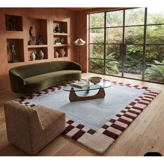 URBANCRAFT RUGS Hand Tufted Wool Area Rug, Light Blue with Burgundy and Ivory Checkered Border Handmade Carpet for Living Room, Bedroom, Dining Room, Contemporary Decorative Floor Rug