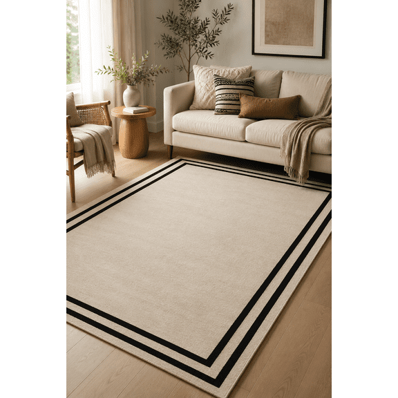 URBANCRAFT RUGS Ivory Hand Tufted Wool Area Rug Modern Double Border Indoor Rug (6x9 ft)