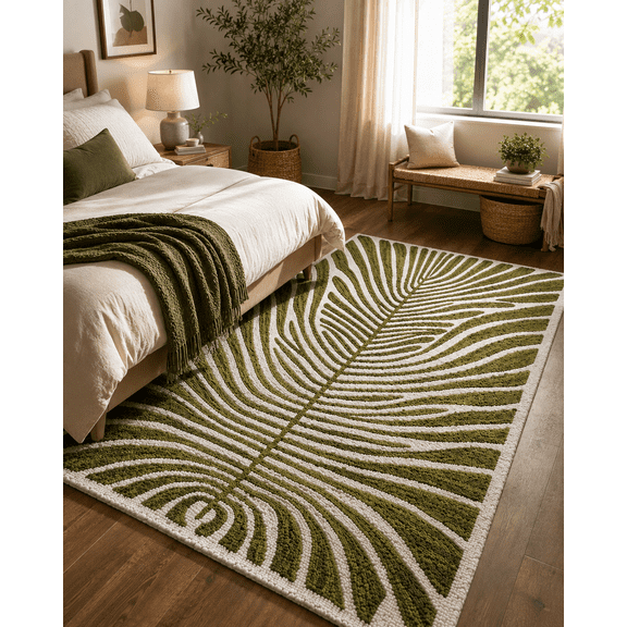 URBANCRAFT RUGS Ivory Olive Green Hand Tufted Wool Loop Area Rug Abstract Organic Stripe Indoor Accent Rug (5x8 ft)