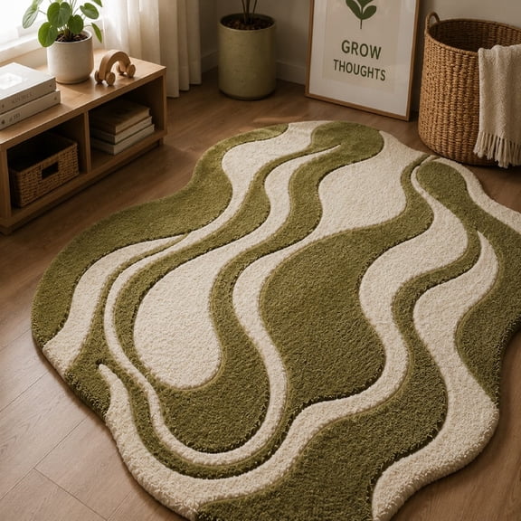 URBANCRAFT Wool Hand-Tufted Area Rug, Modern Abstract Wavy Swirl Design, Olive Moss Green and Cream, 6' x 9'
