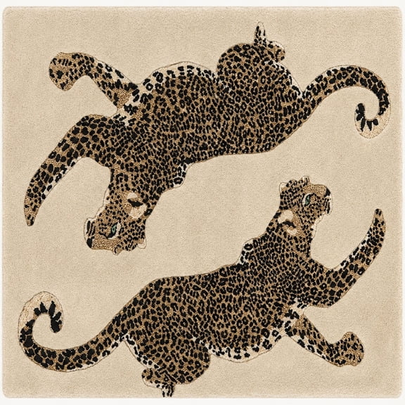 URBANCRAFT Wool Hand-Tufted Area Rug, Modern Dual Leaping Leopard Animal Motif, Cream Ivory, 9' x 13'