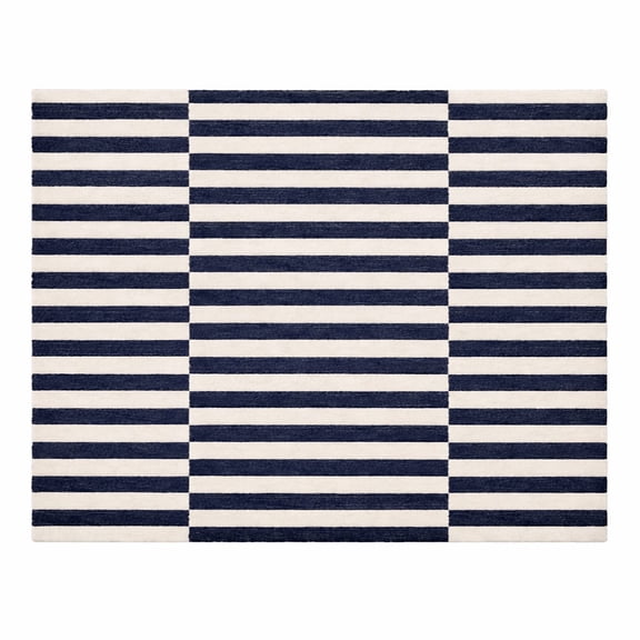 URBANCRAFT Wool Hand-Tufted Area Rug, Modern Geometric Block Stripe Pattern, Navy Blue Ivory, 6' x 10'