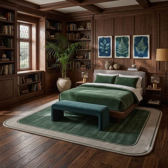 URBANCRAFT Wool Hand-Tufted Area Rug, Modern Rounded Border Frame Pattern, Emerald Forest Green Light Grey, 6' x 8'