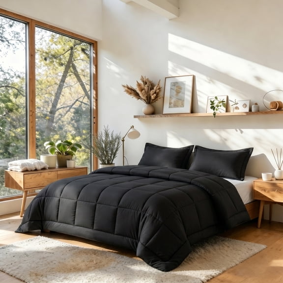 URBANLIFE King Comforter Set , All Season Fluffy Down Alternative Bedding , Breathable 3 Piece Reversible Bed Set with Reinforced Stitching  (106x90 Inch, 2 Pillow Shams, Black)