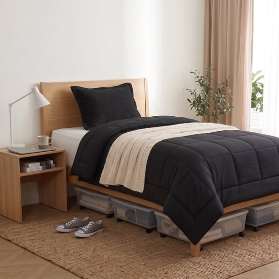 URBANLIFE Twin Comforter Set , All Season Fluffy Down Alternative Bedding , Breathable 2 Piece Reversible Bed Set with Reinforced Stitching (68x90 Inch, 1 Pillow Shams, Black)