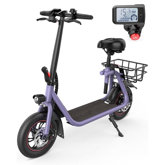 URBANMAX C1 Electric Scooter with Seat, 450W Powerful Motor up to 22 Miles Range, Folding Electric Scooter for Adult Max Speed 15.5Mph, Electric Scooter for Commuting with Basket-Purple
