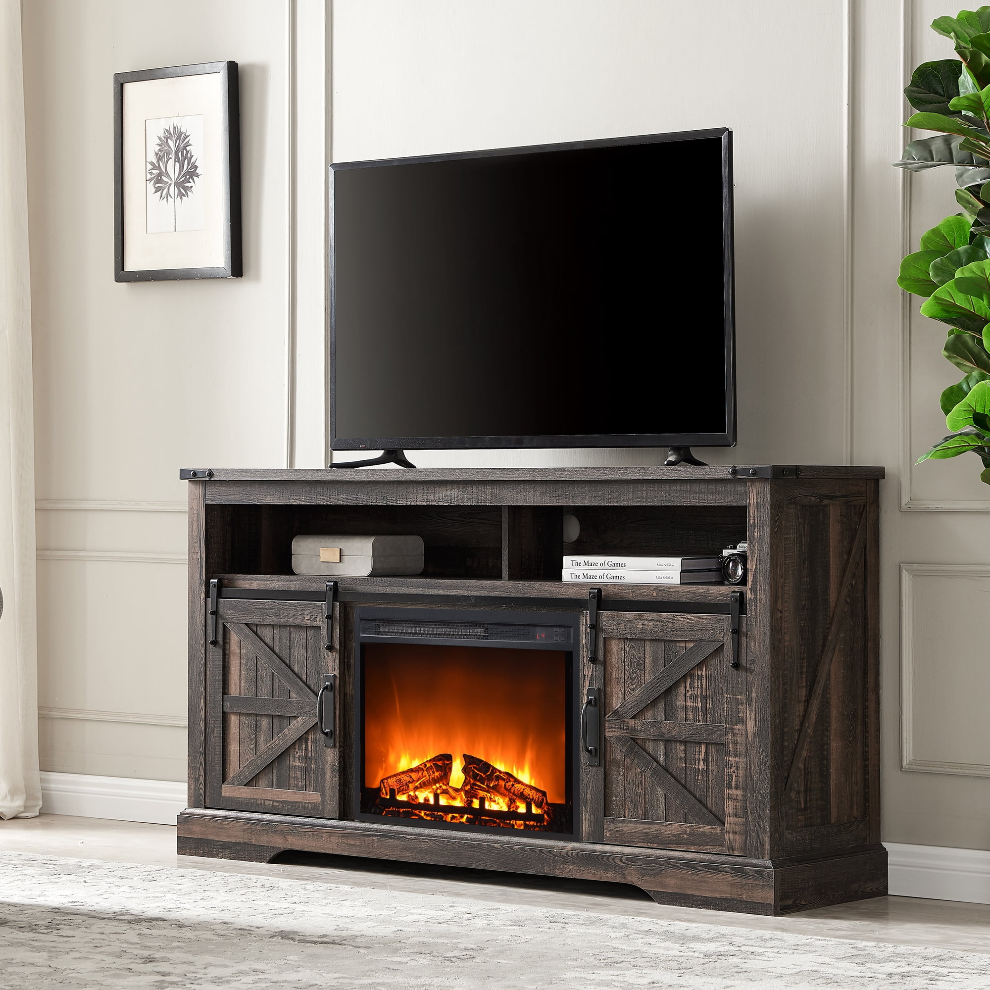 URBANMAX Fireplace TV Stand for 65+ Inch TV, Farmhouse Entertainment ...