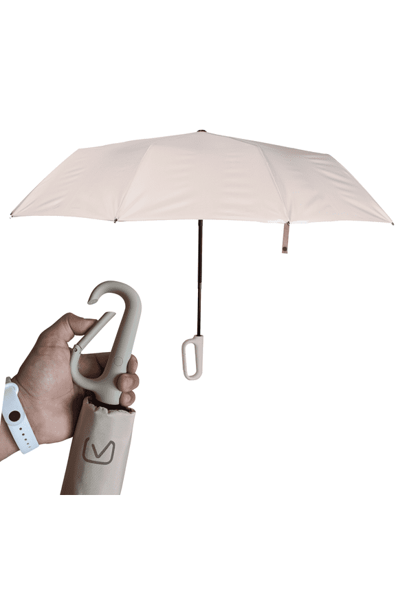 Compact Travel Rain Umbrella, Soft Latch Carabiner Handle, Auto Open Close, Beige, 1