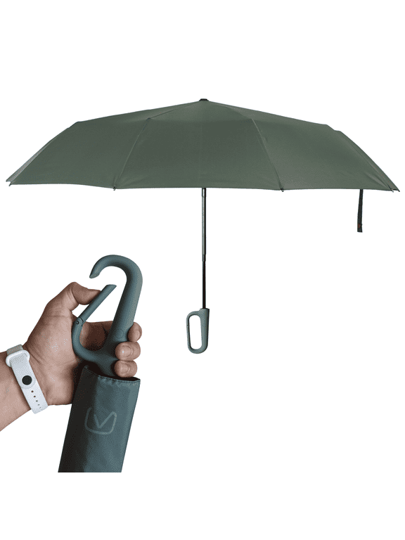 Compact Travel Umbrella, Ergonomic Handle, Auto Open Close, Solid, Green, 1 Count