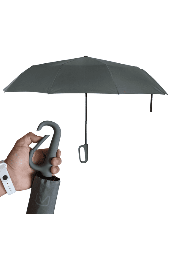 Compact Travel Umbrella, Soft Latch Carabiner Handle, Auto Open Close, Gray, 1 Count