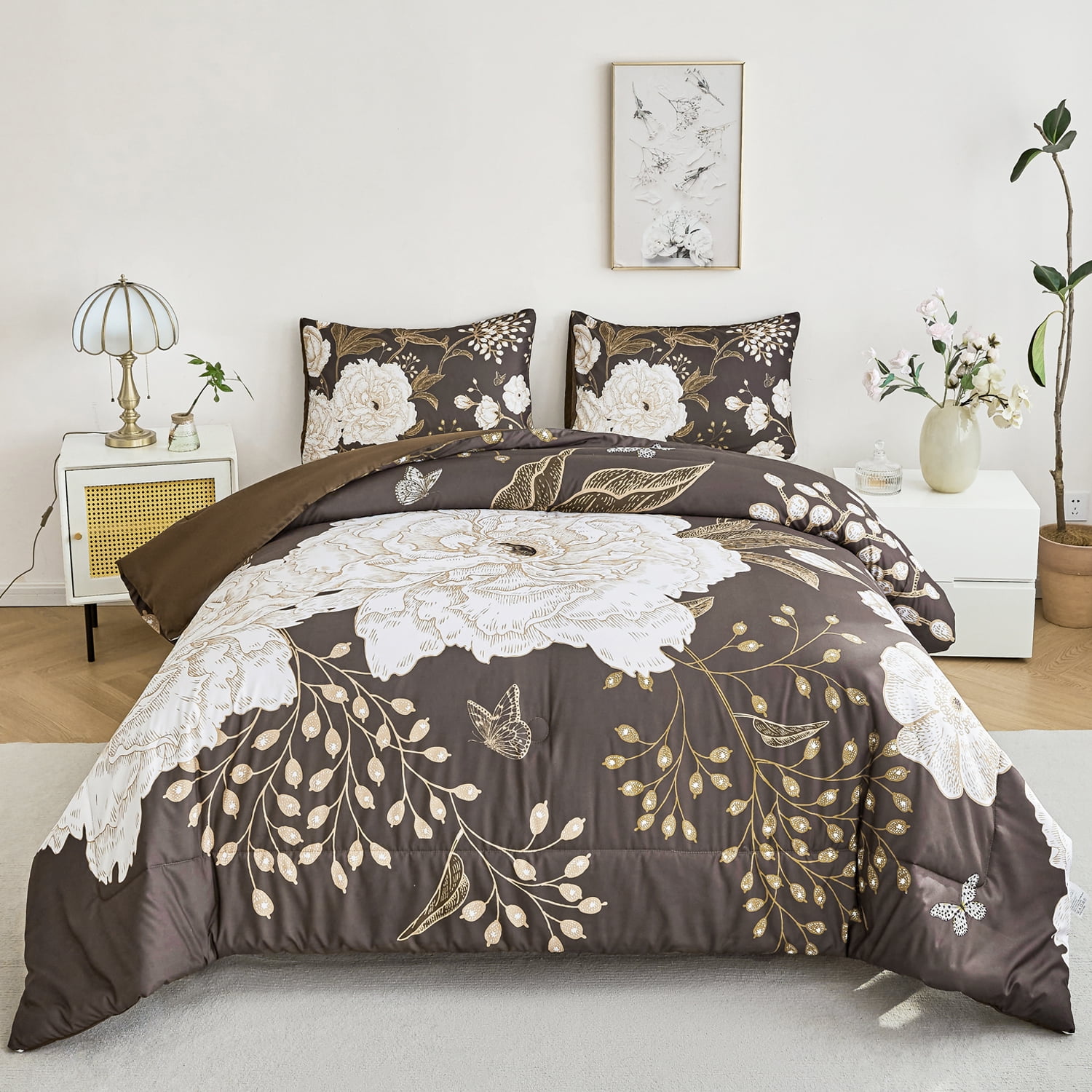 URBONUR 3 Pcs Brown King Size Comforter Set, Floral Botanical Bedding Comforter Set, White ...