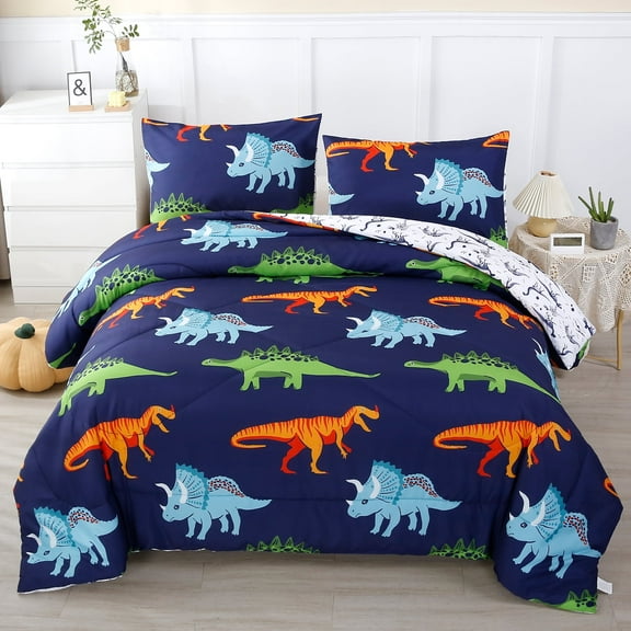URBONUR 3 Pcs Dinosaur Twin Size Bedding Sets for Boys, Dinosaur Printing Boys Comforter Set, Blue and White Reversible Bed Comforter Set for Kids/Toddlers/Teens