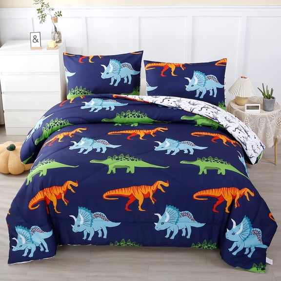 URBONUR 3 Pcs Dinosaur Twin Size Bedding Sets for Boys, Dinosaur Printing Boys Comforter Set, Blue and White Reversible Bed Comforter Set for Kids/Toddlers/Teens