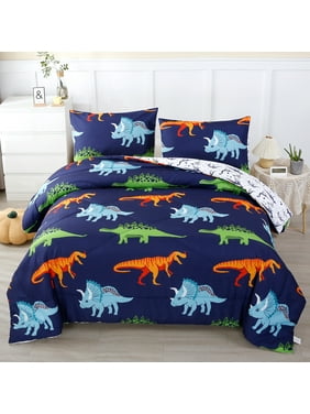 URBONUR 3 Pcs Dinosaur Twin Size Bedding Sets for Boys, Dinosaur Printing Comforter Set, Blue and White Reversible Bed Set for Kids/Toddlers/Teens