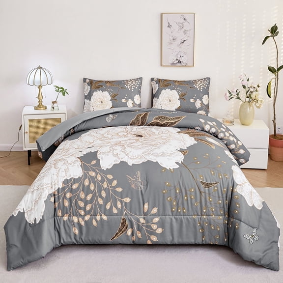 URBONUR 3 Pcs Floral Botanical Comforter Set Full Size White FLowers Bedding Set Gold Leaves Butterfly Printed on Grey Comforter Farmhouse Bedding Set for All Season