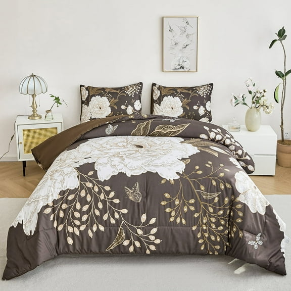 URBONUR 3 Pcs Floral Comforter Set Queen Size, Brown Gold Botanical Bedding Set, White Flower Butterfly Leaves Printed Bed Sets with 2 Pillowcases for Women Men