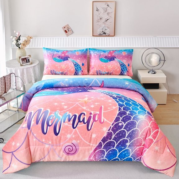 URBONUR 3 Pcs Mermaid Tail Girls Comforter Set Queen Size, Gradient Glitter Girls Bedding Set, Rainbow Fish Tail Bed Comforter Set for Kids Girls