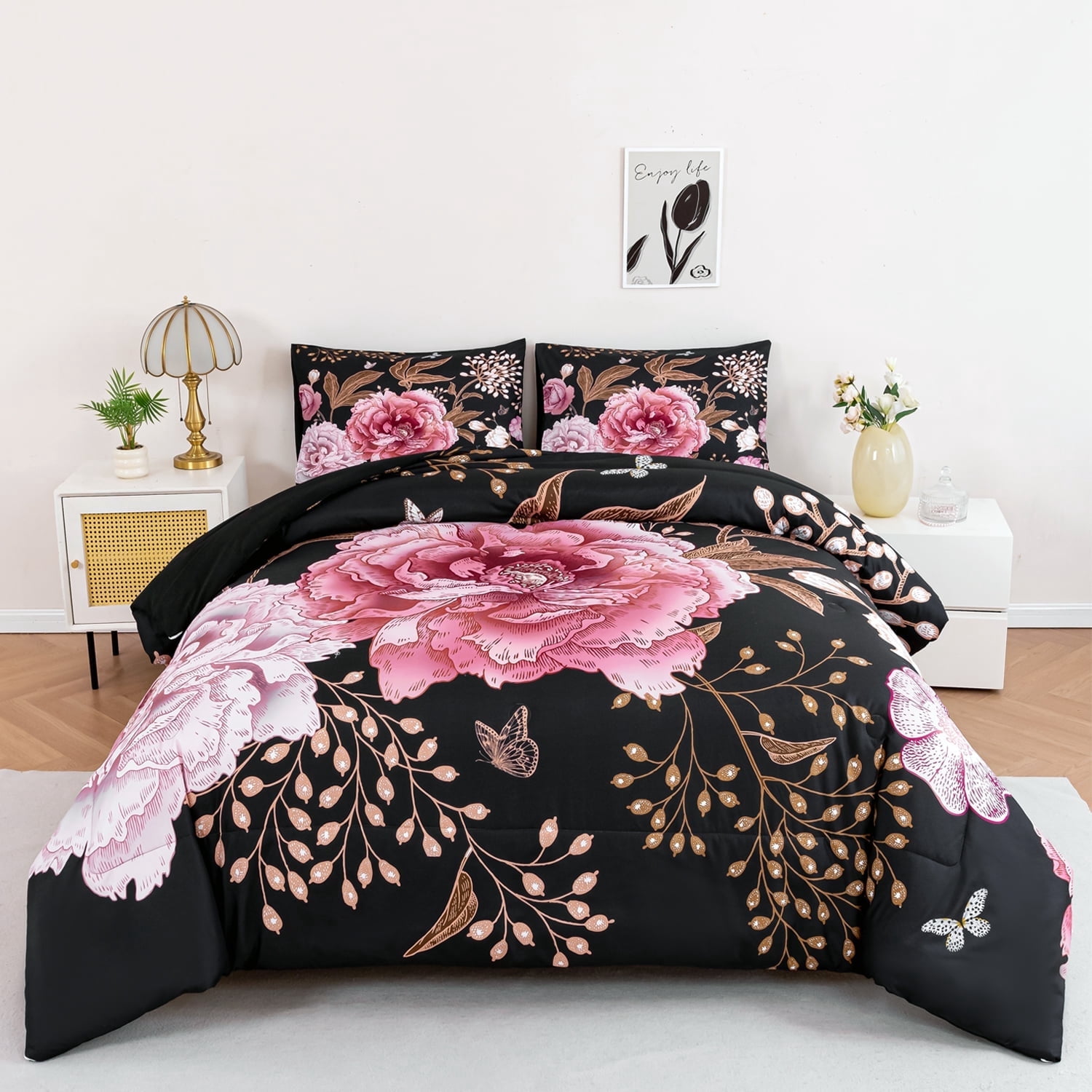 URBONUR 3 Pieces Black Pink King Size Bedding Set Floral Comforter Set Pink Flowers and Gold Butterfly Bed Set for Women Soft Botanical Bedding Comforter Set for All Season