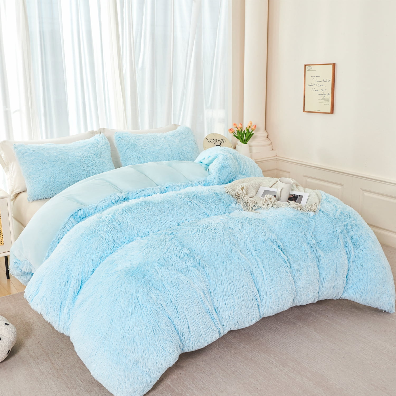 URBONUR 3 Pieces Blue Girls Comforter Sets Twin Faux Fur Plush Bedding Sets Fluffy Bedding Comforter Sets for Kids Teens(1 Shaggy Comforter + 2 Faux Fur Pillowcases)