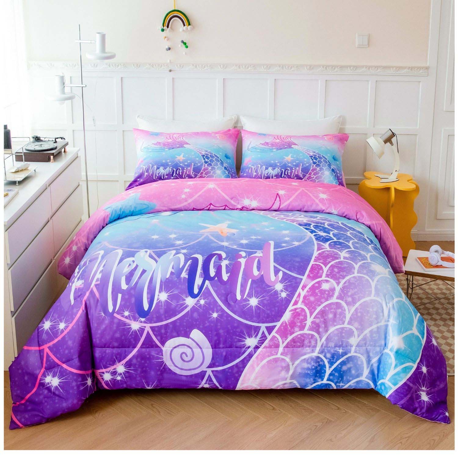 URBONUR Mermaid Tail Twin Girls Bedding Sets, 3D Watercolor Mermaid
