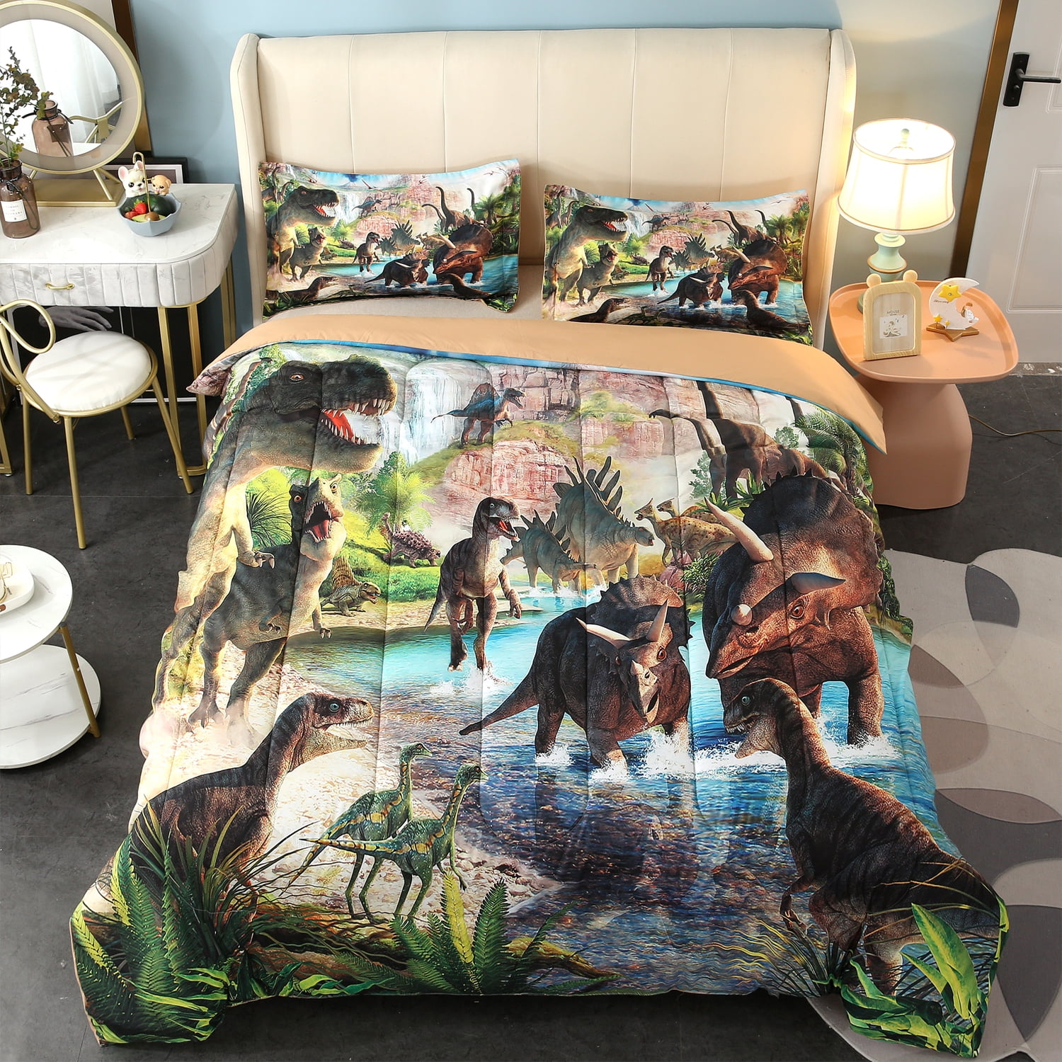 URBONUR 3 Pieces Cartoon Dinosaur Full Size Comforter Set 3D Digtal