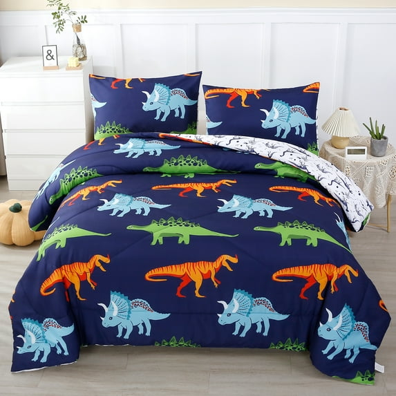 URBONUR 3 Pieces Dinosaur Queen Comforter Set for Boys Kids, Cartoon Dinosaur Print Comforter Set, Dark Blue Reversible Bed Set for Toddler Teens Boys