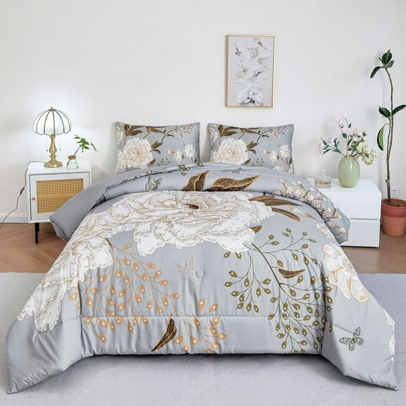 URBONUR 3 Pieces Gray Floral King Size Comforter Set White Flowers Butterfly Printed Grey Bedding Set Botanical Farmhouse Bedding Comforter Set for All Season