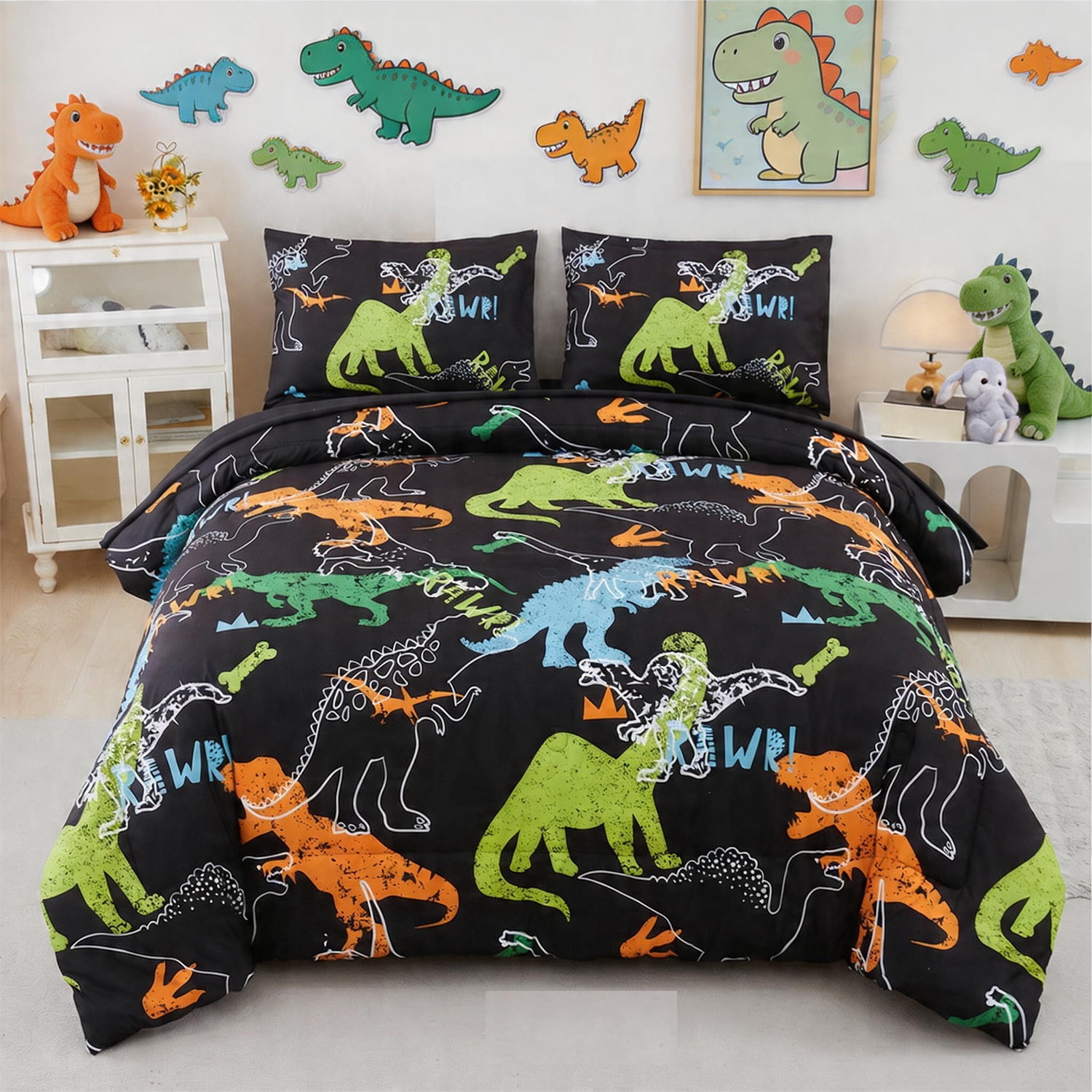 URBONUR 3Pcs Black Dinosaur Queen Comfotrer Set for Boys Kids Teens Colorful Dinosaur Bedding Sets Soft Lightweight Bed Sets with Pillowcases