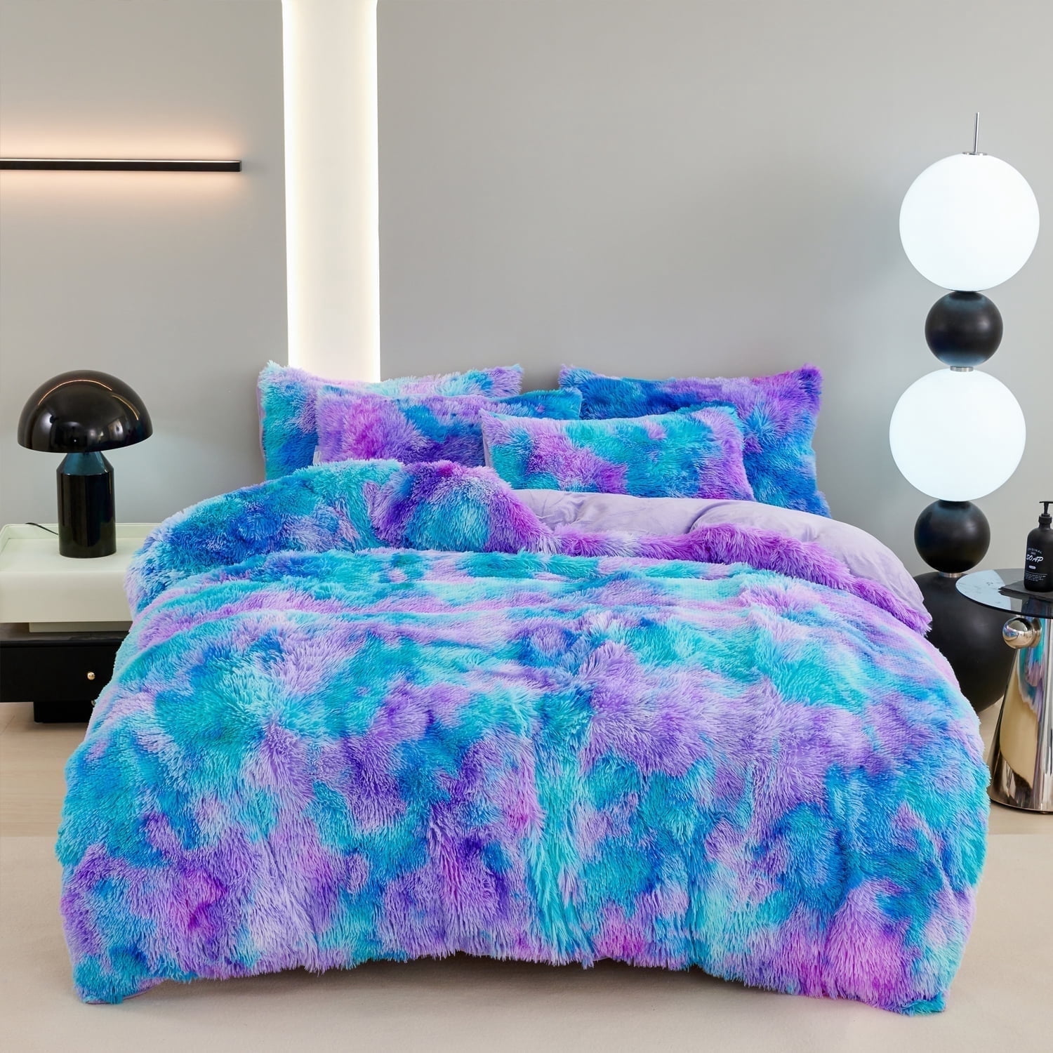 URBONUR 3Pcs Blue Purple Queen Bedding Set for Women Faux Fur Comforter Tie Dye Fluffy Comforter Set Cozy Fuzzy Shaggy Bed Sets(1 Furry Bedding + 2 Plush Pillowcases)