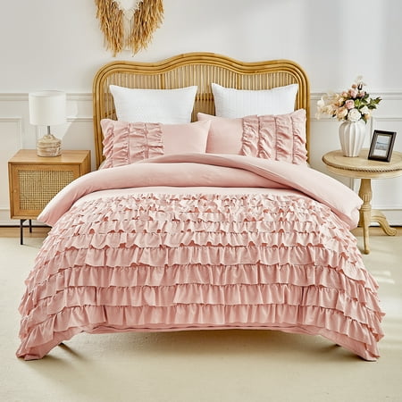 URBONUR 3Pcs Blush Pink Multi-Layers Duvet Cover Set Full Size Washed Microfiber Ruffle Duvet Cover with Zipper Waterfall Flutter Cover Set for Women Girls Soft Breathable Comforter Cover
