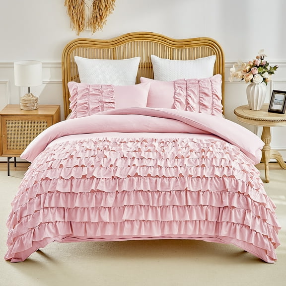 URBONUR 3Pcs Pink Duvet Cover Set Full Size Washed Microfiber Duvet Cover with Zipper Waterfall Flutter Bed Cover Set for Women Girls Soft Comforter Cover with Pillowcases