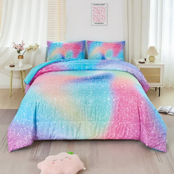 URBONUR 3Pcs Rainbow Pink Teal Full Size Comforter Set for Girls/Kids/Teens Colorful Tie Dye Girls Bedding Set Gradient Glitter Kids Bedding Comforter Set with Pillowcases