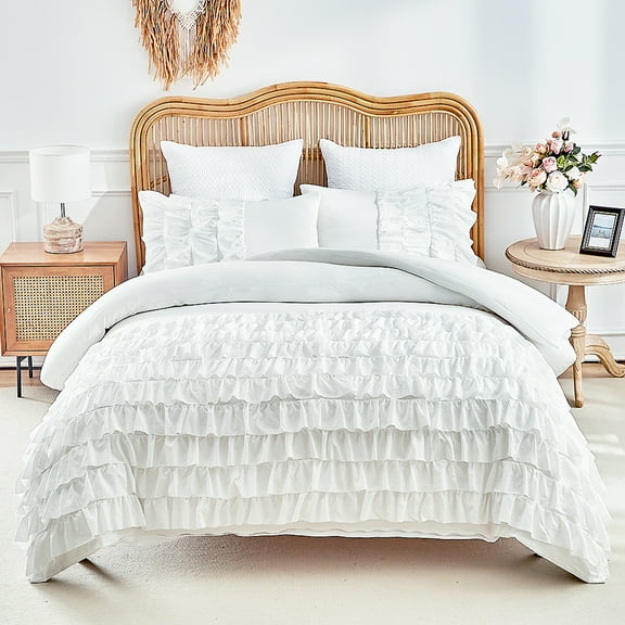 URBONUR 3Pcs White Washed Microfiber Full Size Duvet Cover Set for Girls Waterfall Flutter Comforter Cover with Zipper Soft Multi-Layers Ruffle Duvet Cover with Matching Pillowcases