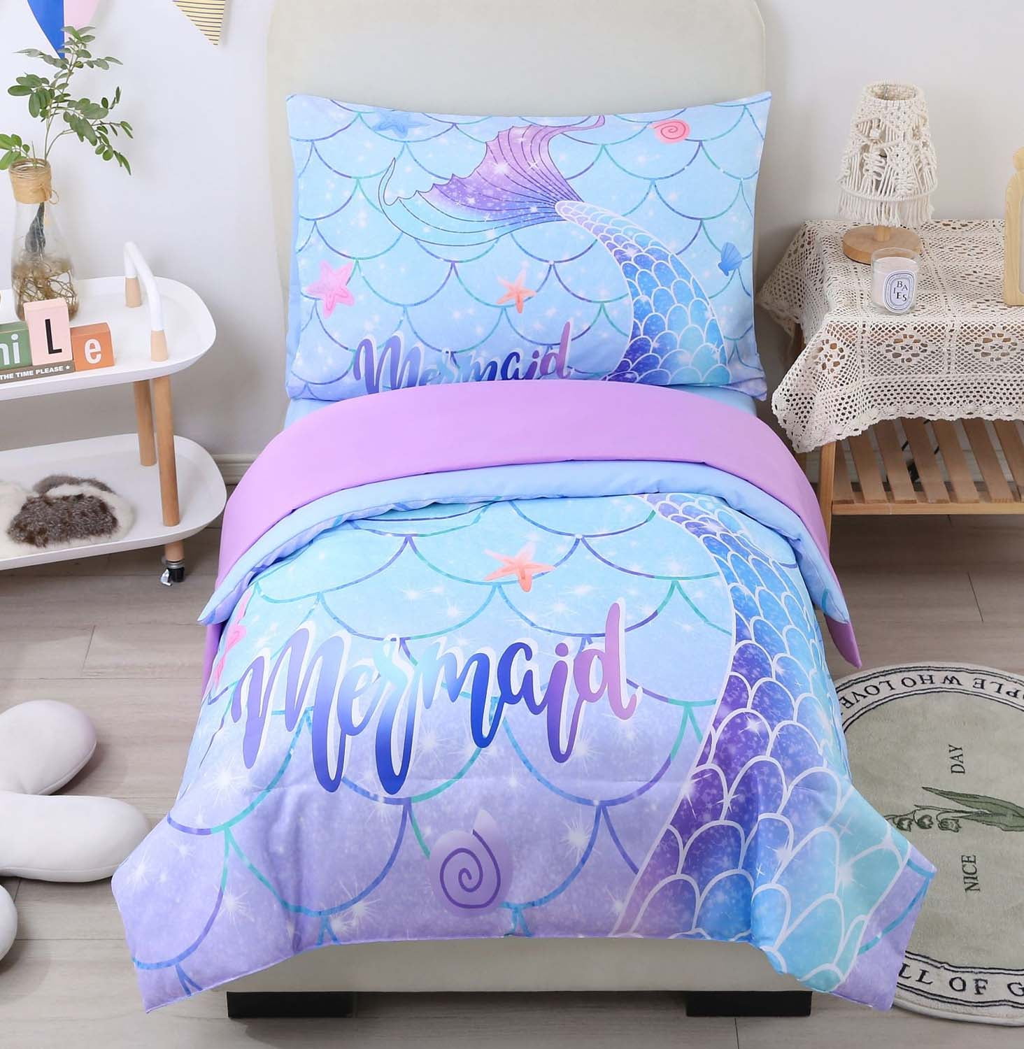URBONUR 4 Pcs Kids Mermaid Tail Toddler Bedding Sets, Rainbow Fish Scale Aqua Blue Bed Set