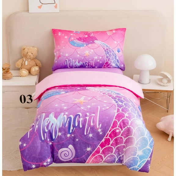 URBONUR 4 Pcs Mermaid Tail Toddler Girl Comforter Sets, Pastel Fish Scale Kids Bedding Set for Girls, Gliteter Pink Purple Girls Bed Comforter Set for All Season