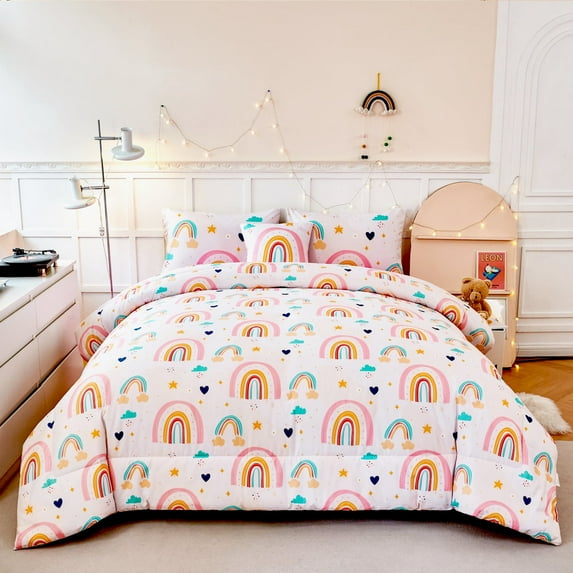 URBONUR 4Pcs Full Size Bedding Set for Kids Girls Teens Rainbow Comforter Set Cute Love and Clouds Kid Bed Set withPillowcases