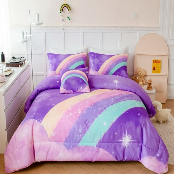 URBONUR 4 Pieces Girls Comforter Set Twin,  Purple Rainbow Kids Bedding Set for Girls,  Glitter Galaxy Bed Comforter Set with Pillowcases