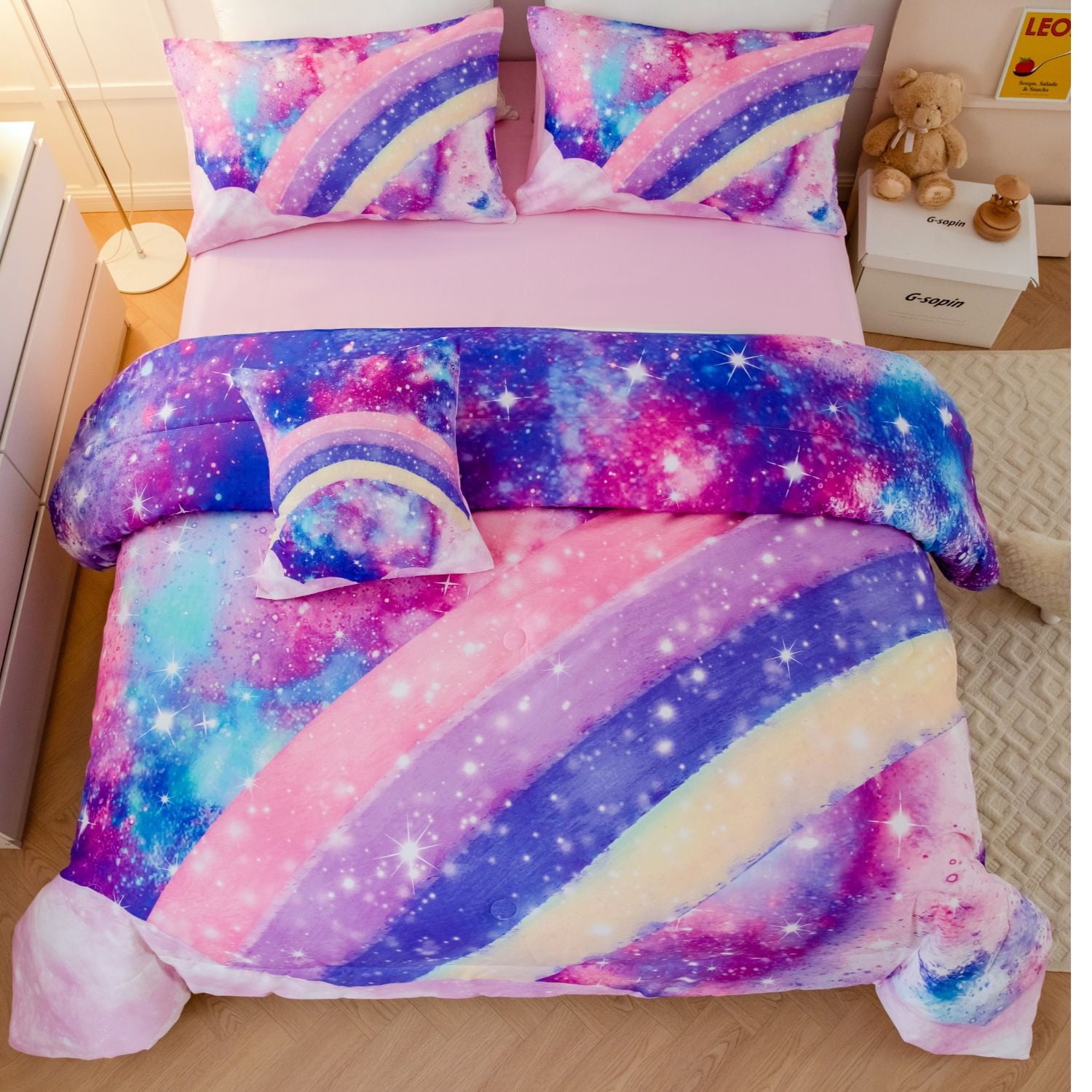 URBONUR 4 Pieces Rainbow Girl Twin Comforter Set Tie Dye Pink Bedding