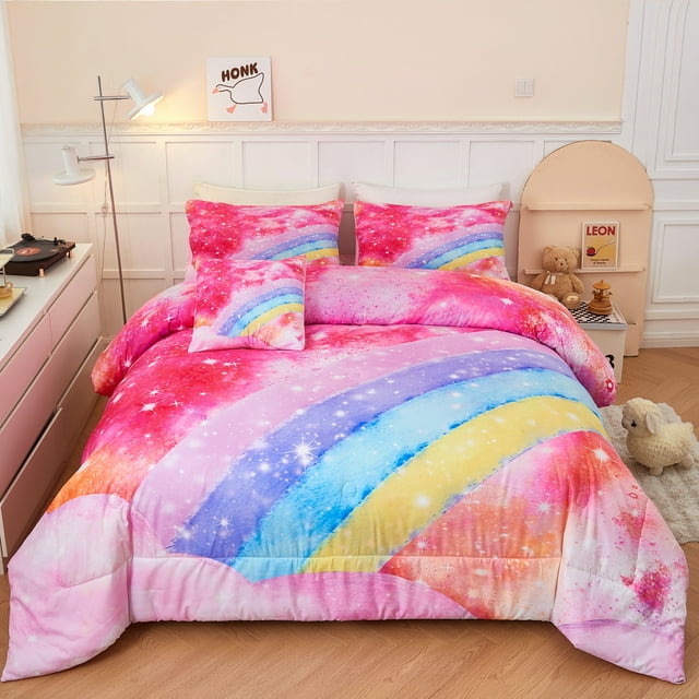 URBONUR 4 Pieces Rainbow Pink Full Size Comforter Set for Girls/Kids