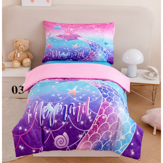 URBONUR 4Pcs Mermaid Tail Girls Toddler Bedding Sets Colorful Rainbow Comforter Fish Scale Bed Comforter Set for Teens Ombre Pastel Toddler Girl Bed Set with Sheets