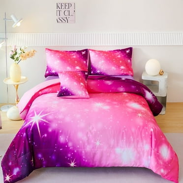 URBONUR 4Pcs Rainbow Twin Size Comforter Set for Girls, Pink Purple Gradient Glitter Kids Bedding Sets, Soft Galaxy Girls Bed Sets with Pillowcases for All Season