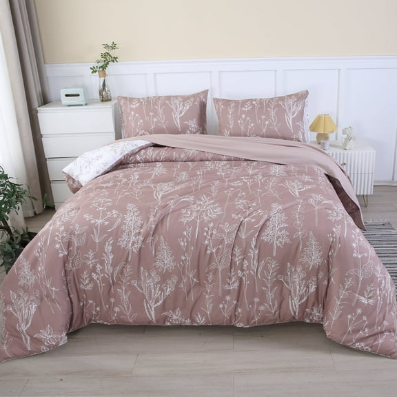 URBONUR 5-Piece Taupe Floral Bed in a Bag King Botanical Bedding Comforter Sets for Women Men