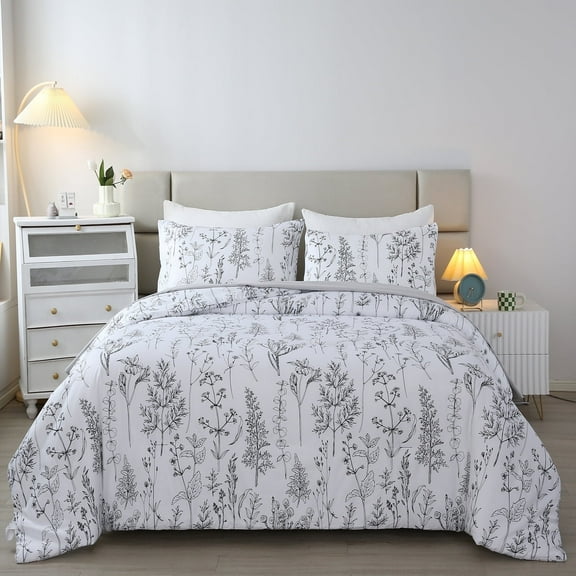 URBONUR 5 Pieces White King Size Bedding Sets Botanical Floral Bed in A Bag Printed Branches Bedding Sets Lightweight Reversible Bed Sets for All Men Women