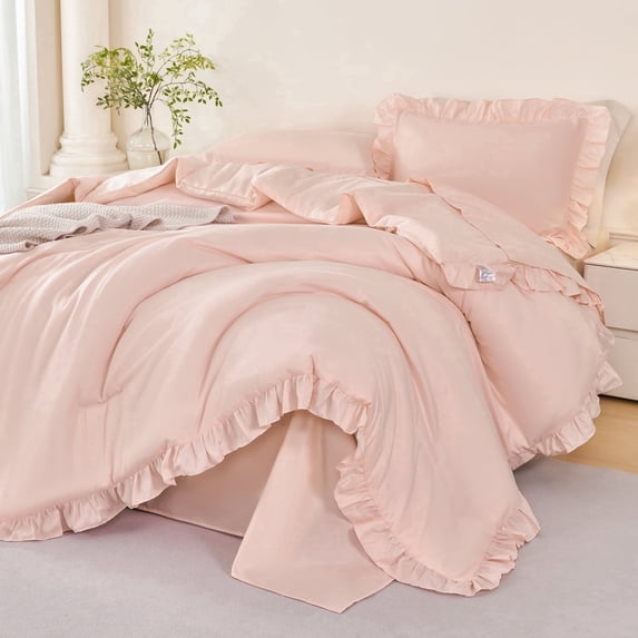 URBONUR 5Pcs Blush Pink King Bed in a Bag Ruffle Comforter Sets for Women Soft Lightweight Bedding Comforter Set Farmhouse Bed Sets for All Season(Blush Pink King)