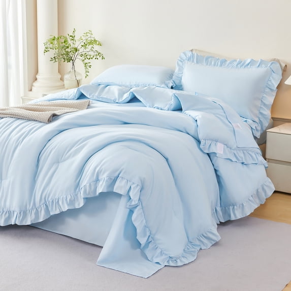 URBONUR 5Pcs Light Blue Full Size Bed in A Bag Ruffled Comforter Sets Farmhouse Bedding Sets with Sheets Lightweight Microfiber Bed Sets(Blue Full)